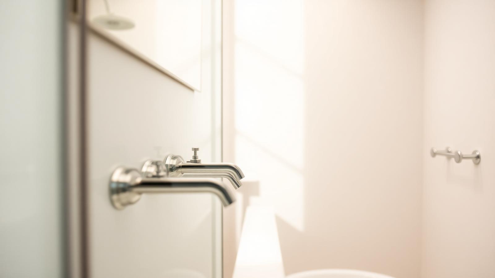 Modern bathroom with chrome wall-mounted faucet in soft natural daylight