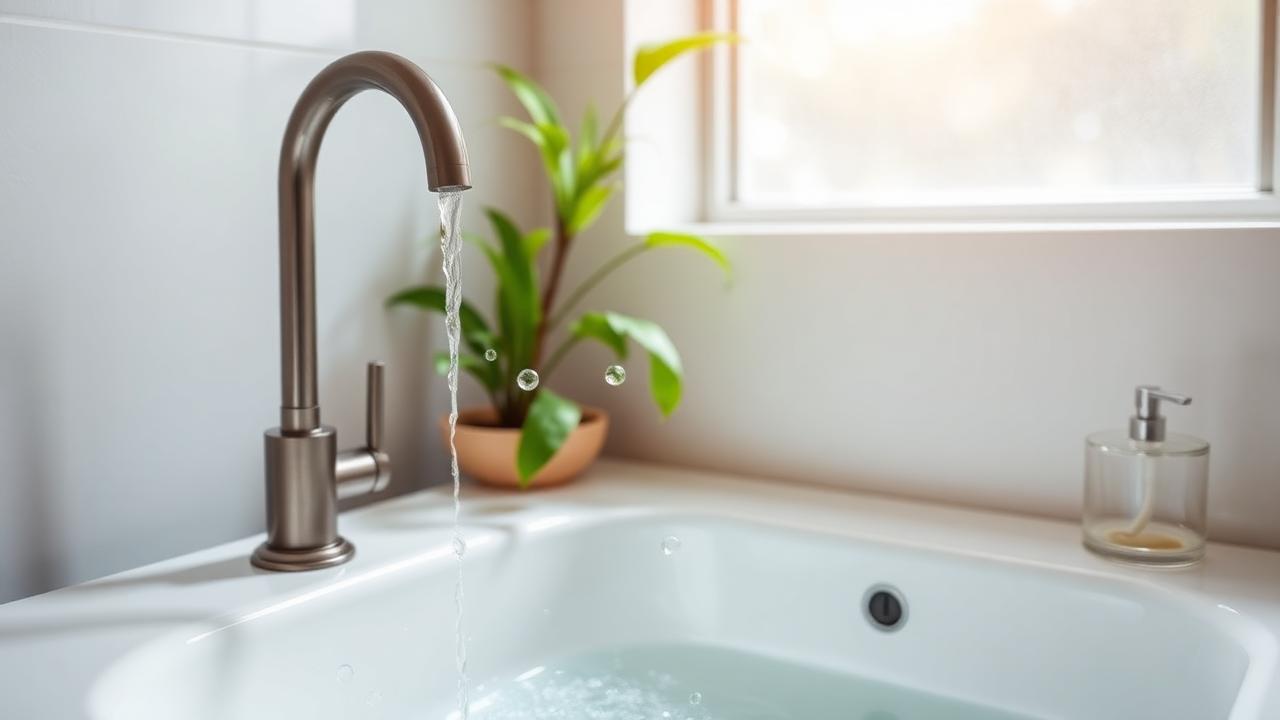 Modern low-flow bathroom faucet running clear water beside a green plant in bright natural light