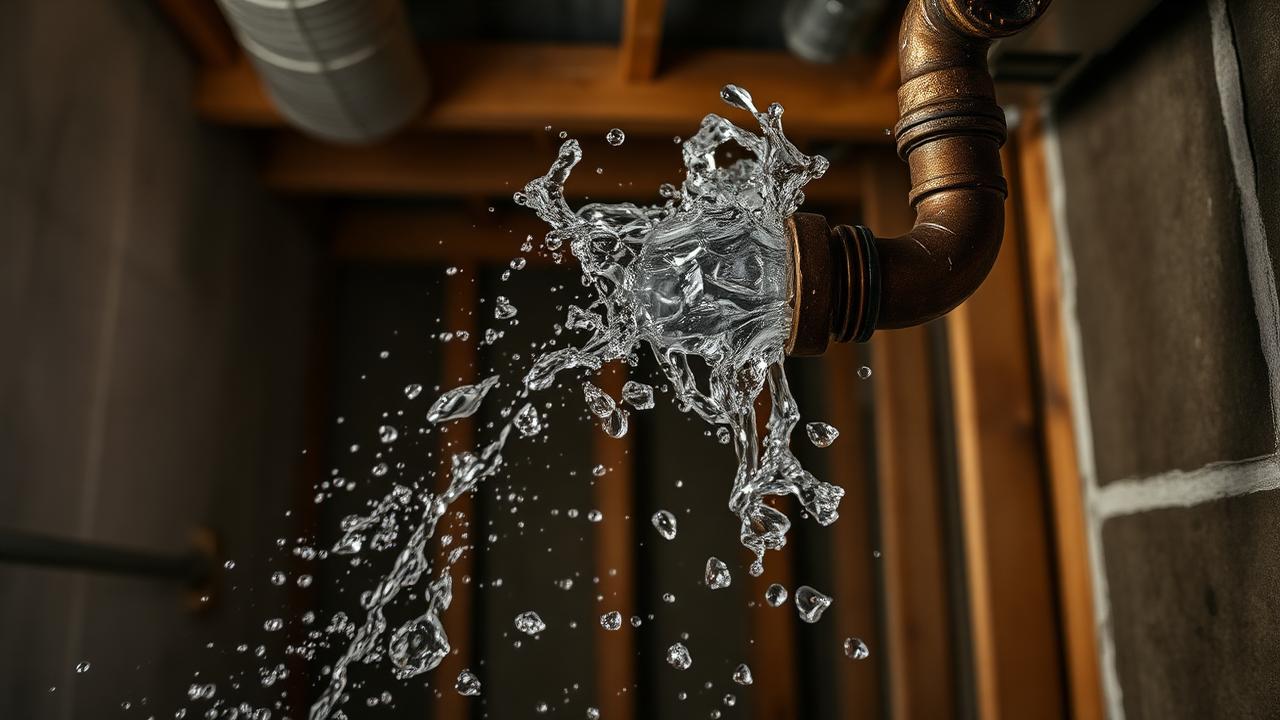 Water bursting from a split copper supply pipe spraying inside an unfinished basement wall cavity