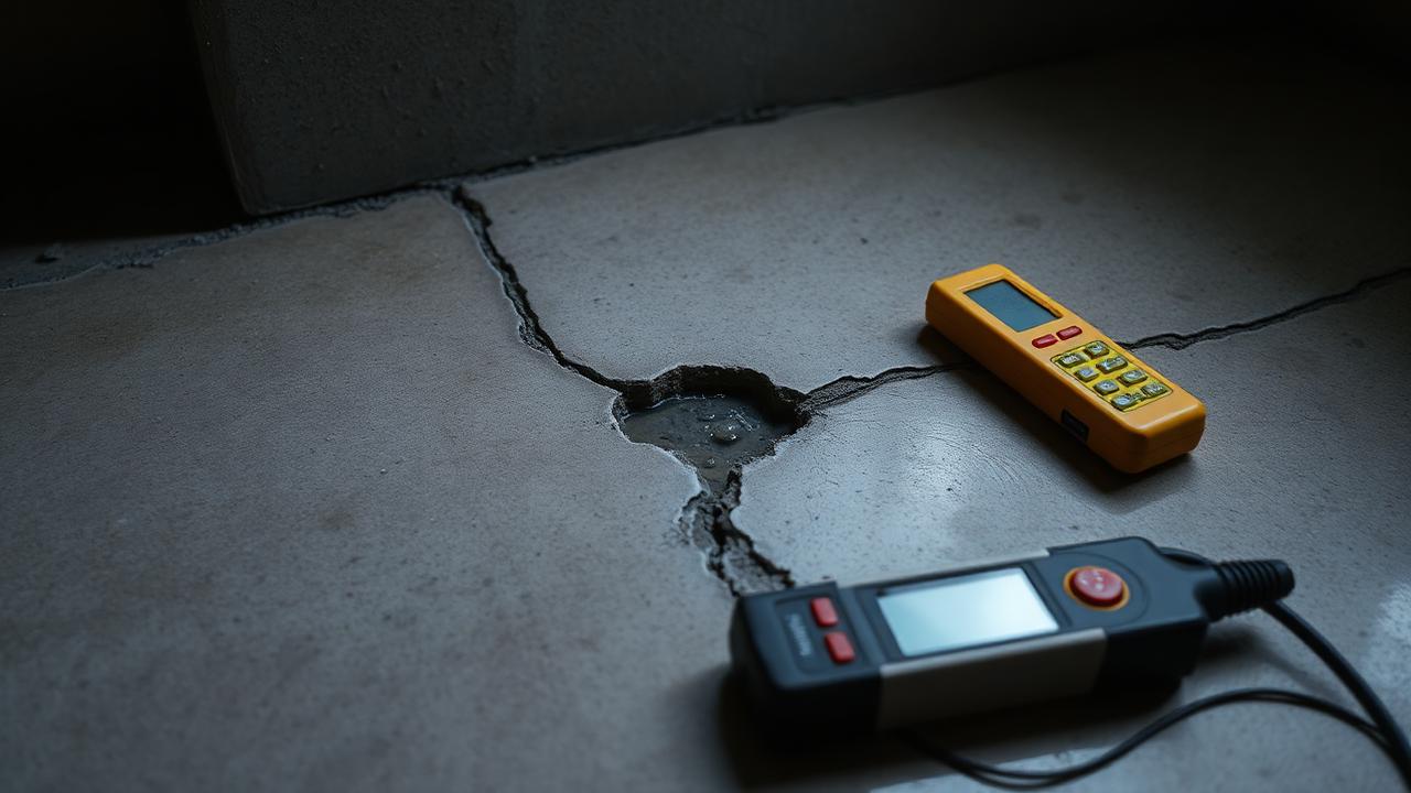 Cracked concrete home foundation slab with water seeping through next to electronic moisture detection tools