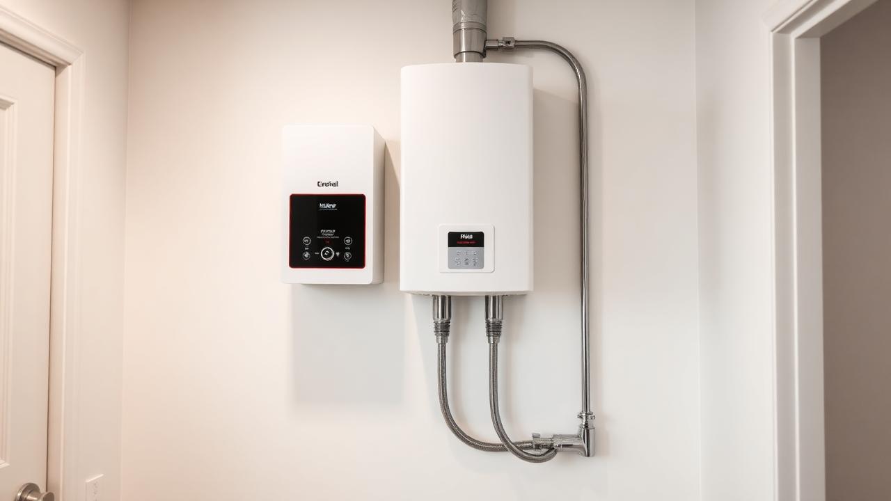 Modern wall-mounted tankless water heater installed in a clean utility room next to a control panel